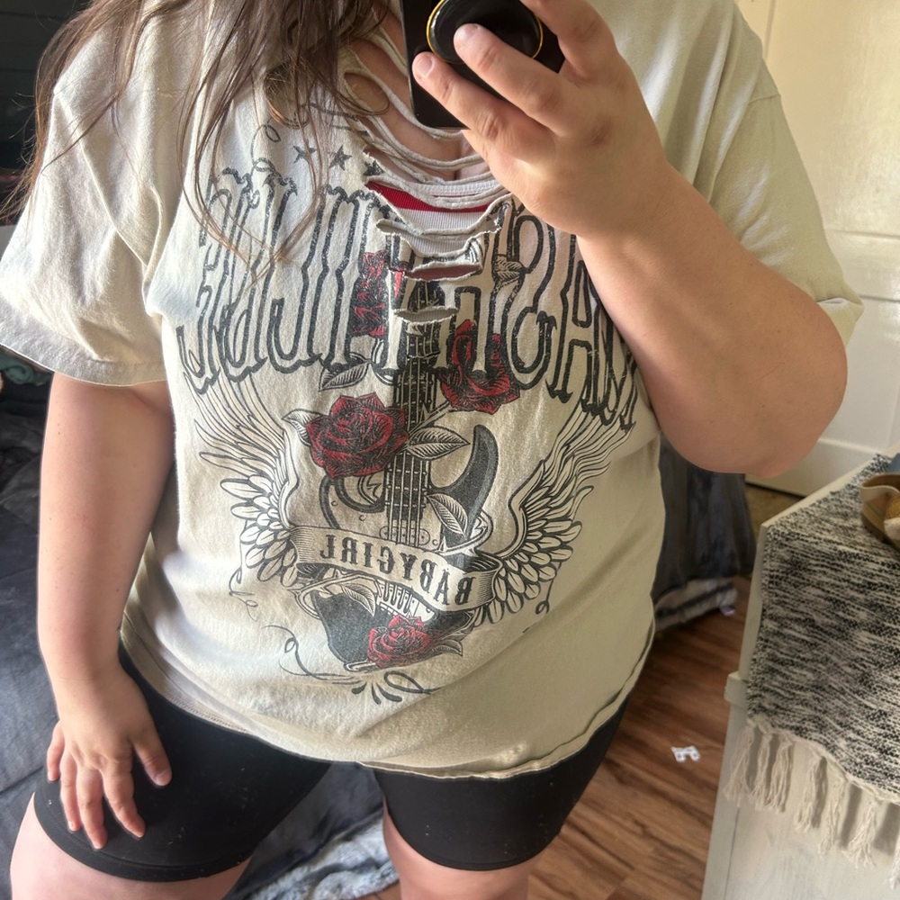 Graphic Tee with Guitar and Rose Design